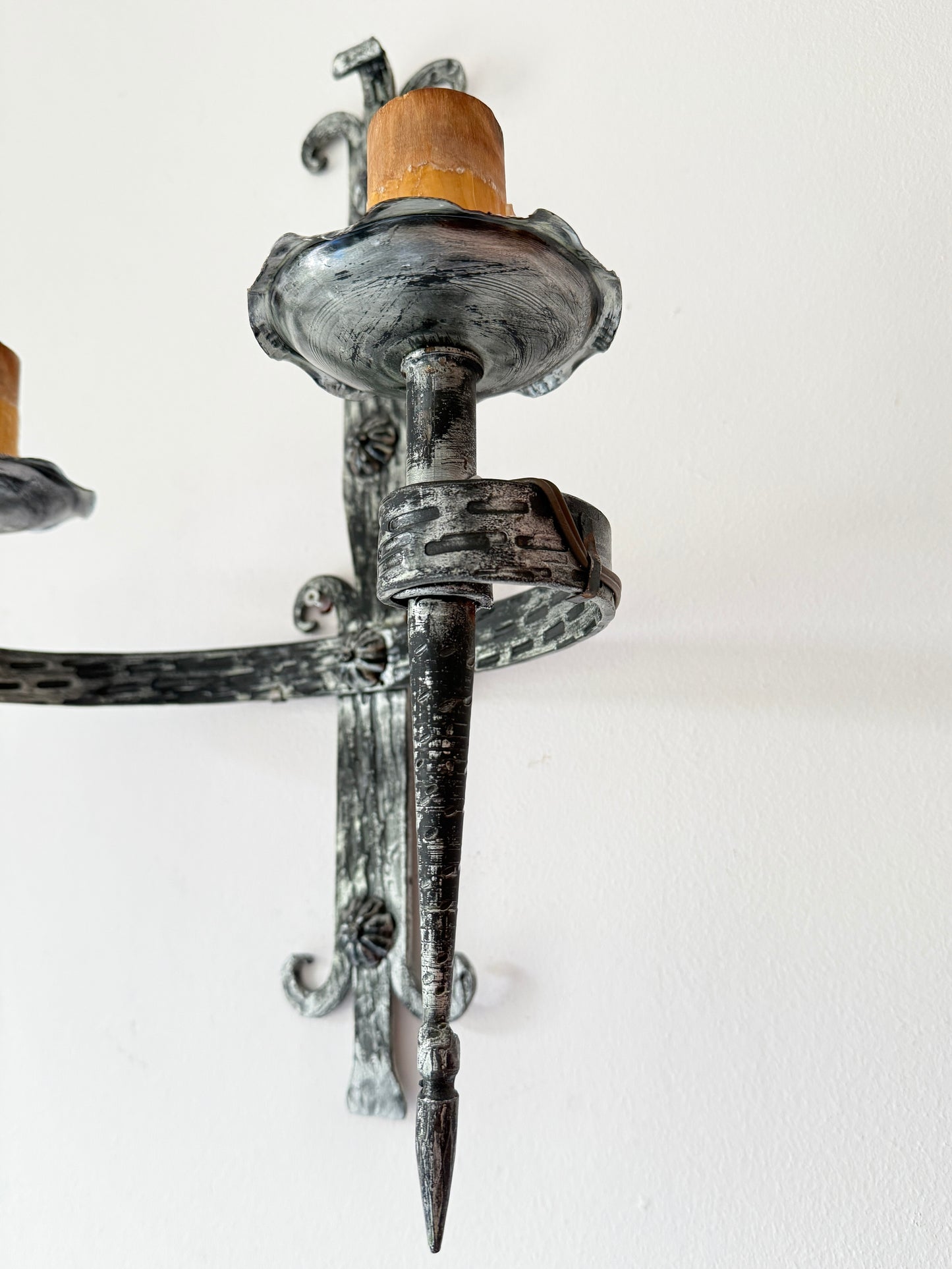 Vintage Wrought Iron Double Wall Sconce with Fleur-de-Lys Motif | Arts & Crafts, Mid-20th Century
