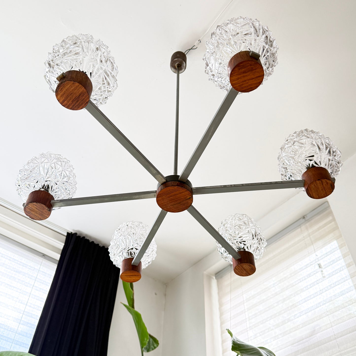 Vintage Six-Arm Chandelier with Pressed Glass Shades | Mid-Century Modern, late 20th Century