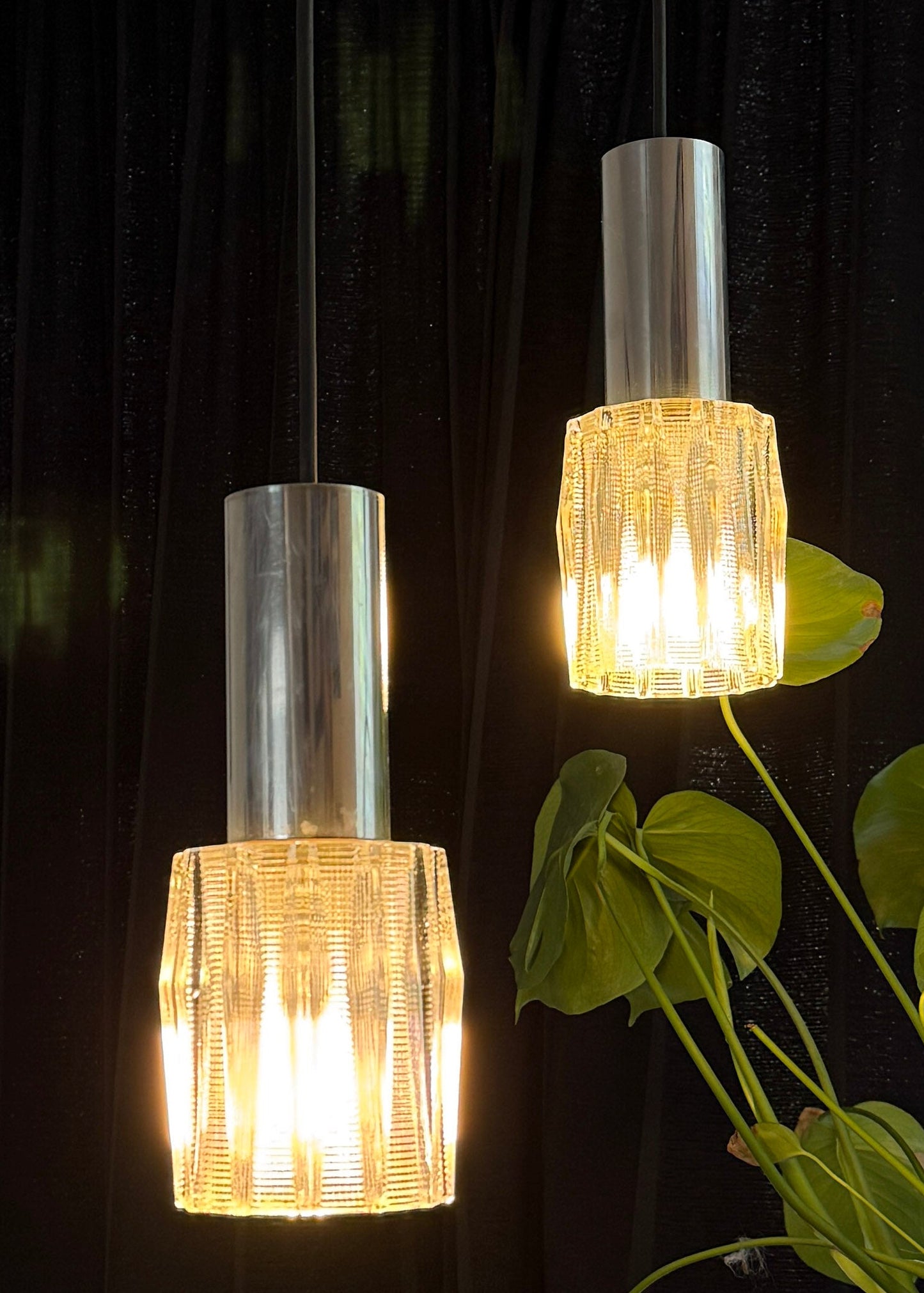 Vintage Pair of Textured Glass Pendant Lights | Mid-Century Modern, 1960/70s