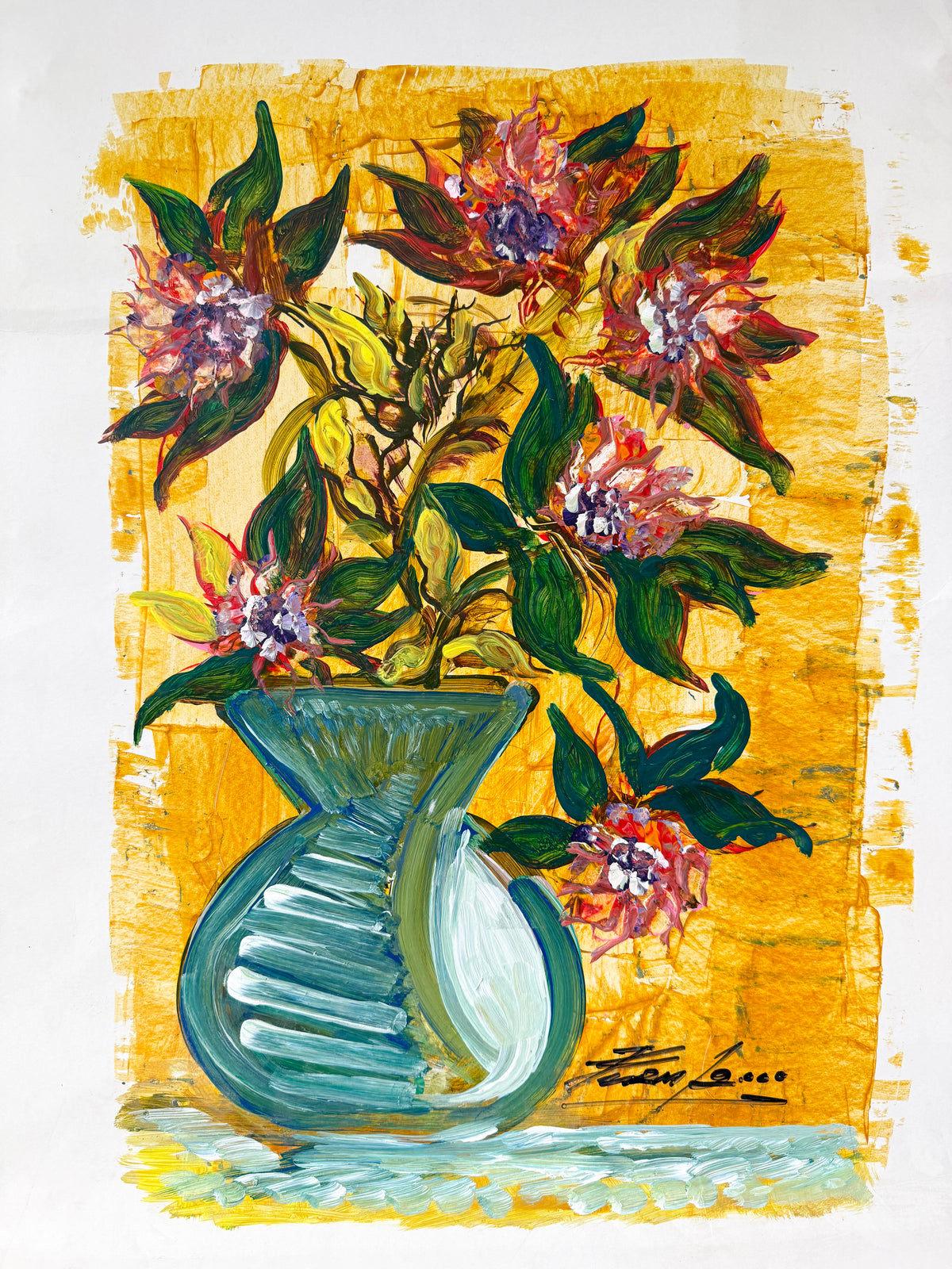 Vintage Signed Floral Still Life on Paper | Expressionist Modern, 2000