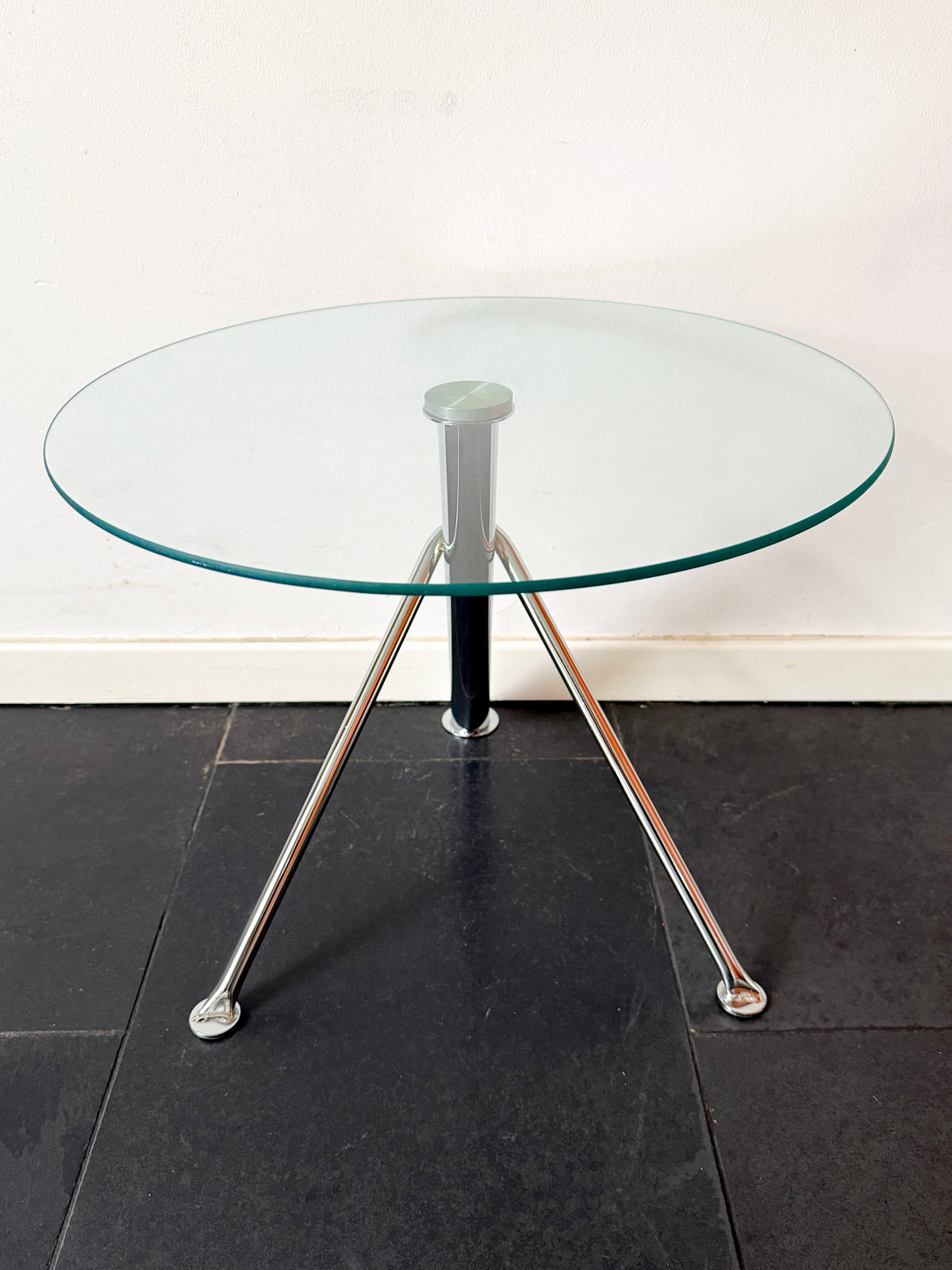 Vintage Round Glass Side Table with Sculptural Chrome Base | Modern Minimalist, 1990s