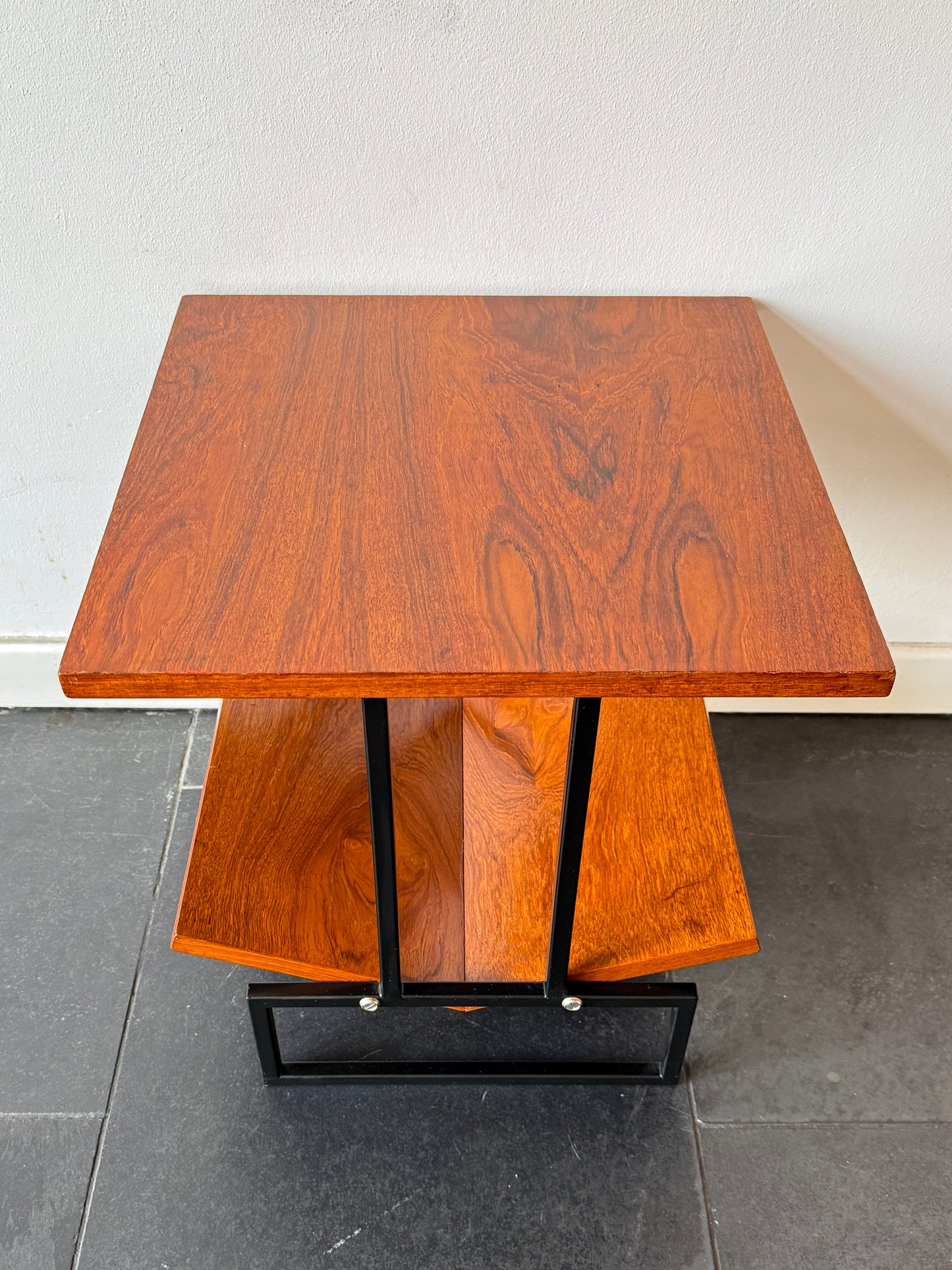 Vintage Mid-Century Modern Magazine Table in Wood and Black Metal | Modernist, Mid-20th century
