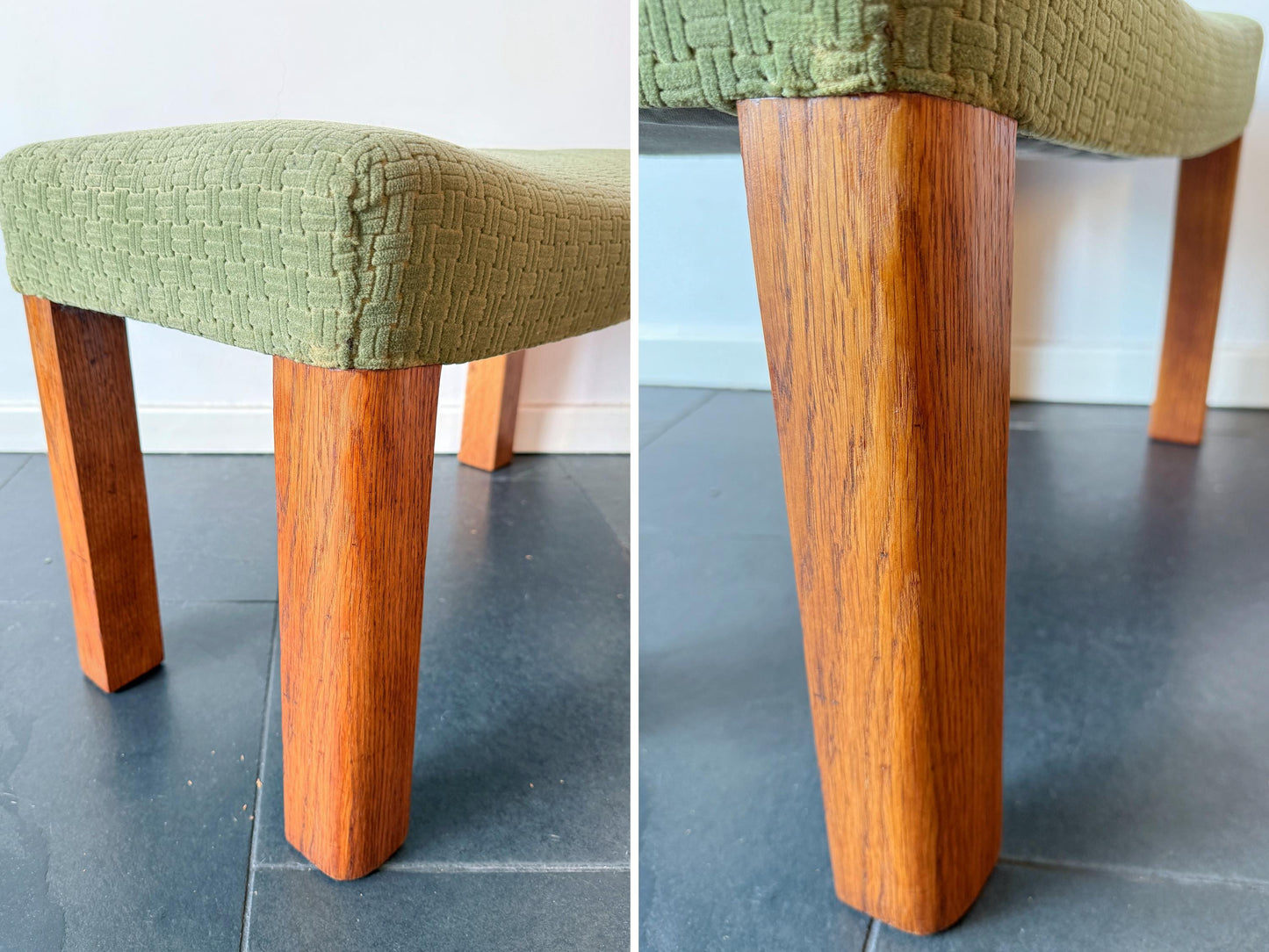 Vintage Wooden Footstool with Green Upholstery | Mid-Century Modern