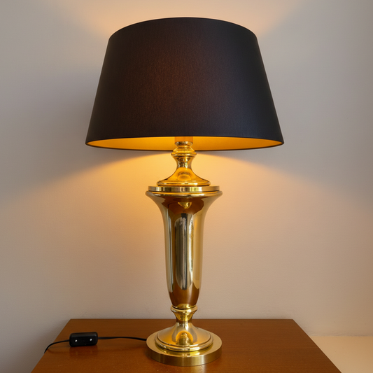 Hollywood Regency vintage XXL solid brass table lamp by Krisna Brass with black fabric shade and gold interior.