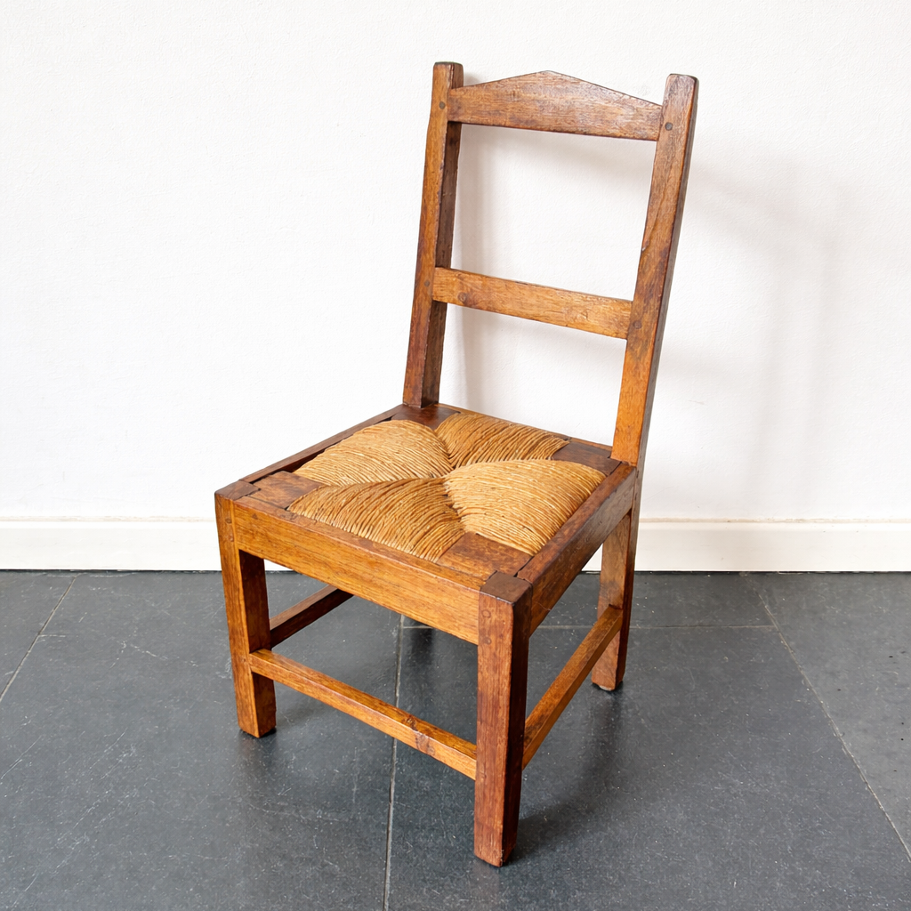 Early 20th-century rustic wooden children’s chair with handwoven rush seat in Art Deco style.