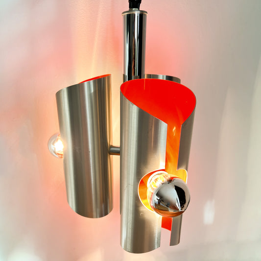 Mid-Century Space Age pendant lamp attributed to Polam, chrome metal frame with orange tubular shades, 1960s.