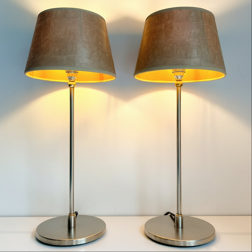 Pair of vintage Dutch table lamps with chrome and brass details, mid-century style.