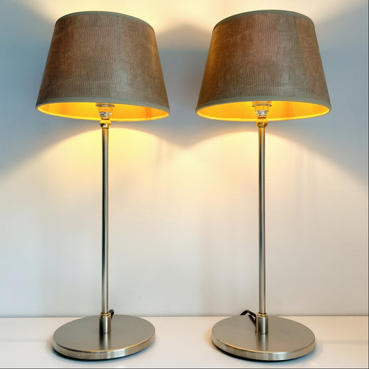 Pair of vintage Dutch table lamps with chrome and brass details, mid-century style.