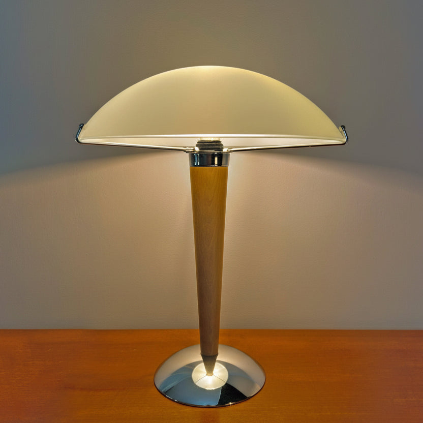 Scandinavian 1990s IKEA Kvintol frosted glass and wood table lamp.