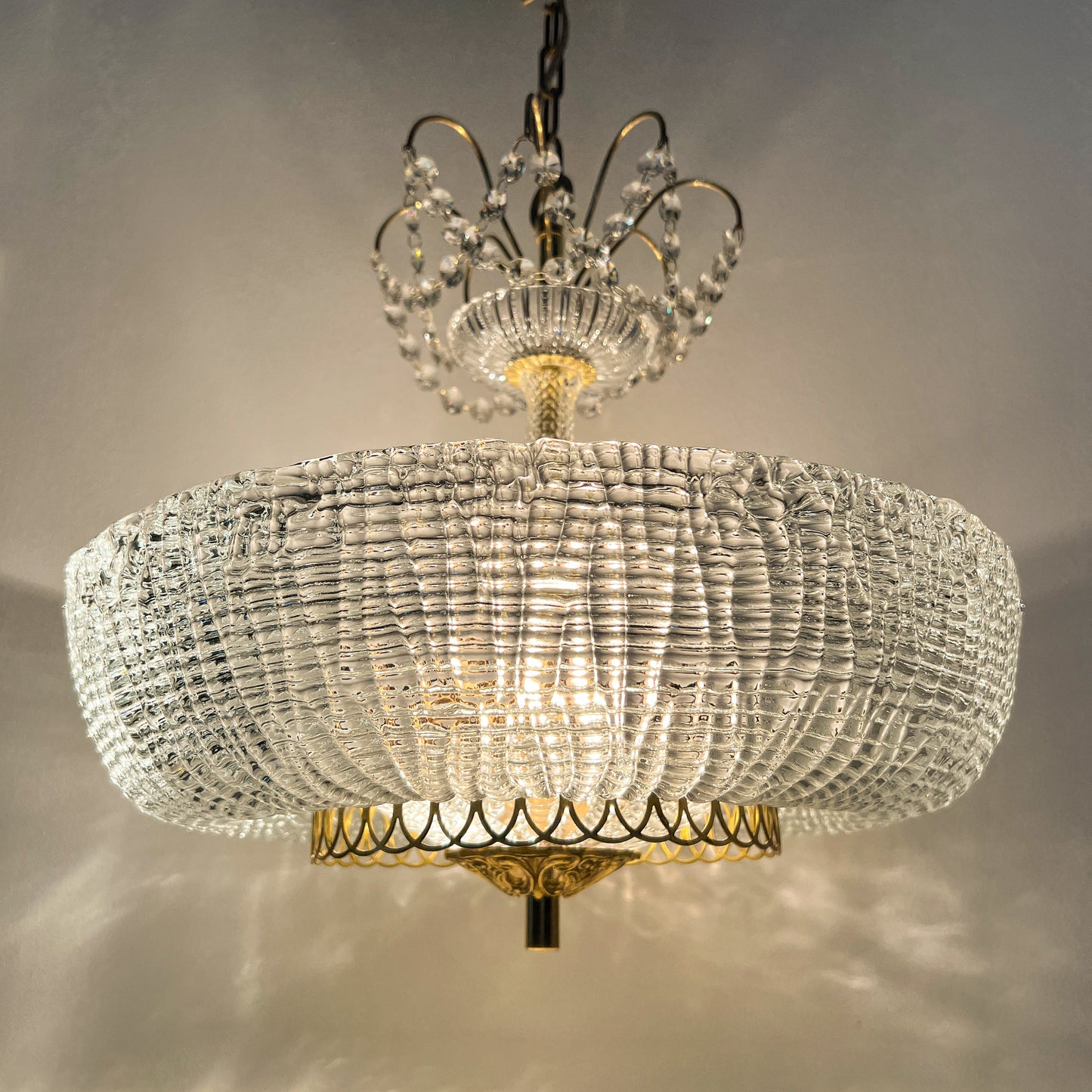 Vintage brass and crystal chandelier, Regency style, 1960s–1970s.