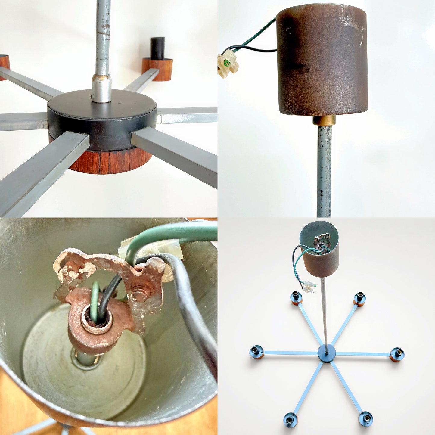 Vintage Six-Arm Chandelier with Pressed Glass Shades | Mid-Century Modern, late 20th Century