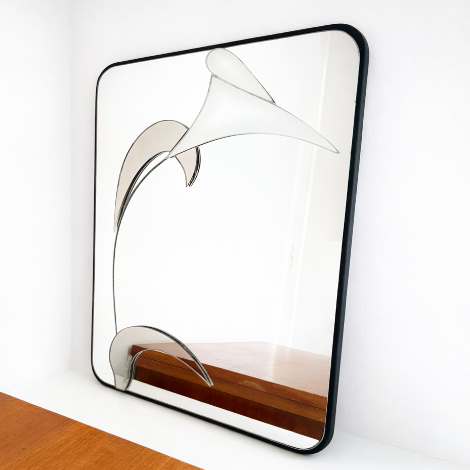 Sculptural layered wall mirror by David Marshall, metal frame and mirror glass, vintage piece.