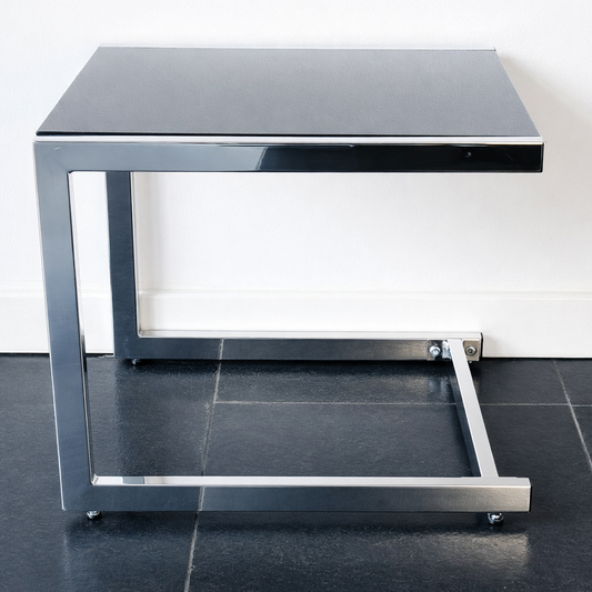 Vintage Chrome Side Table with Black Glass Top | Modernist, 1970s