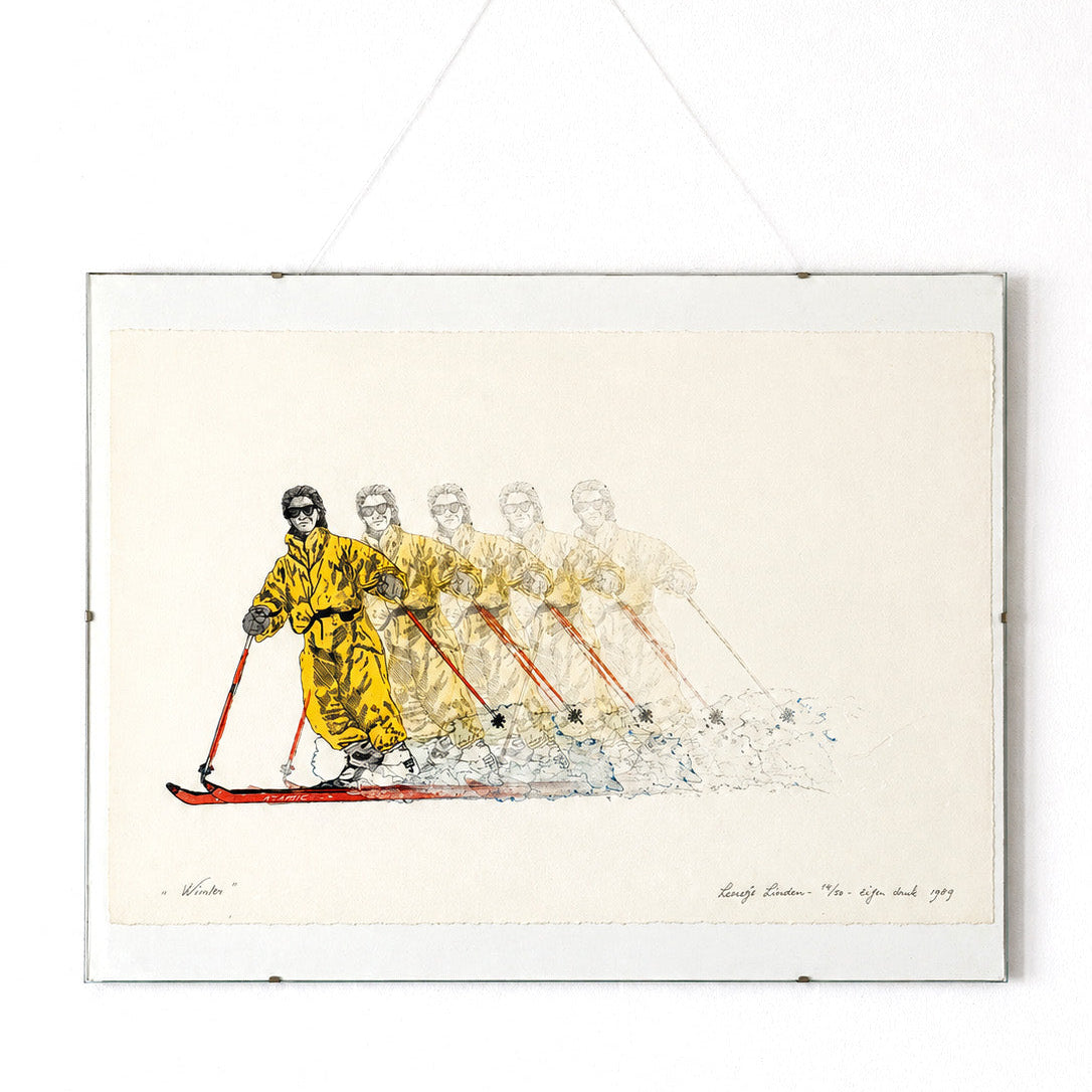 Figurative relief print of skier in motion, paper, 1989.