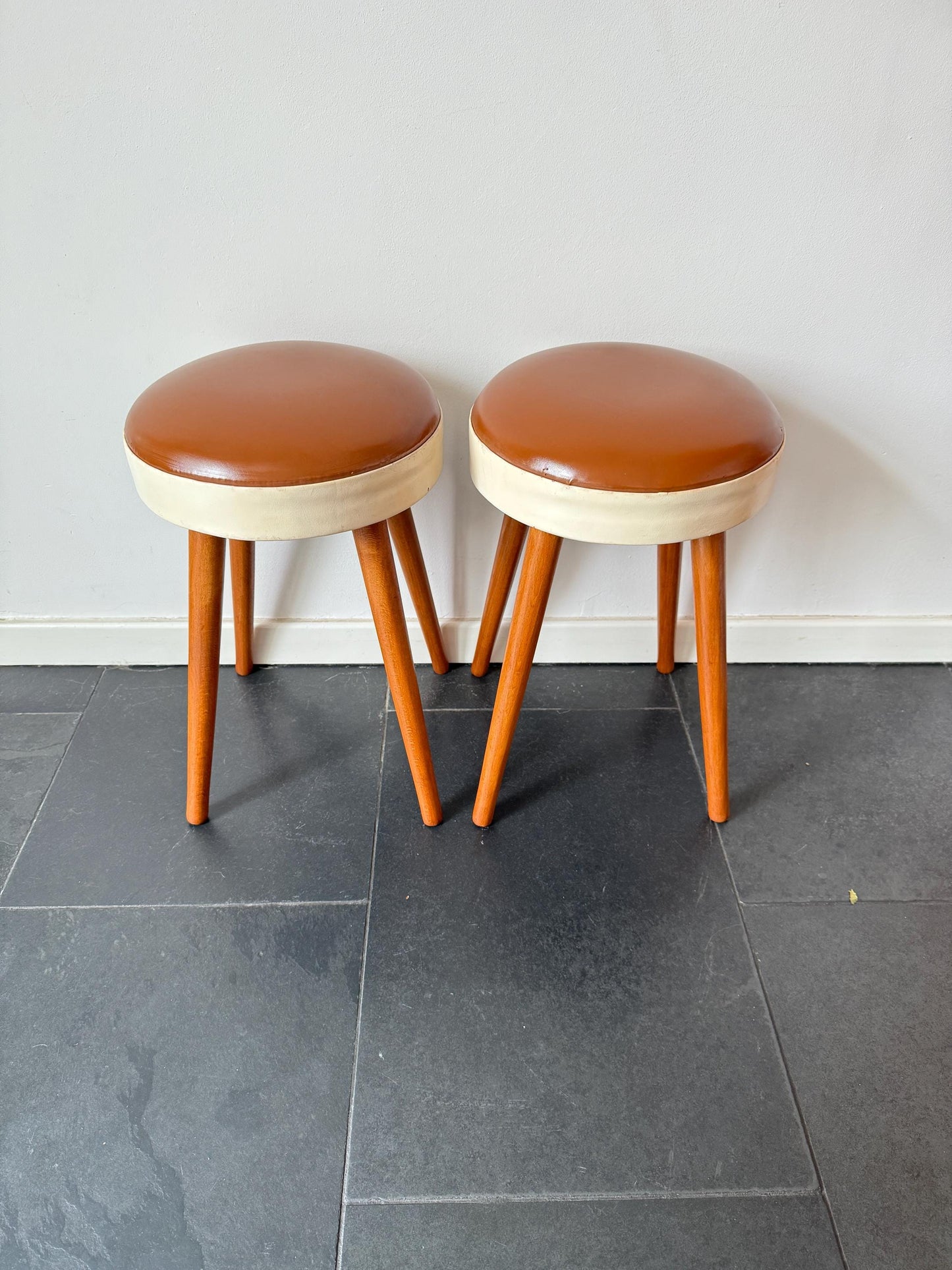 Vintage Mid-Century Wooden Stool with Leather Seat | Mid-Century / Scandinavian Modern, Mid-20th Century
