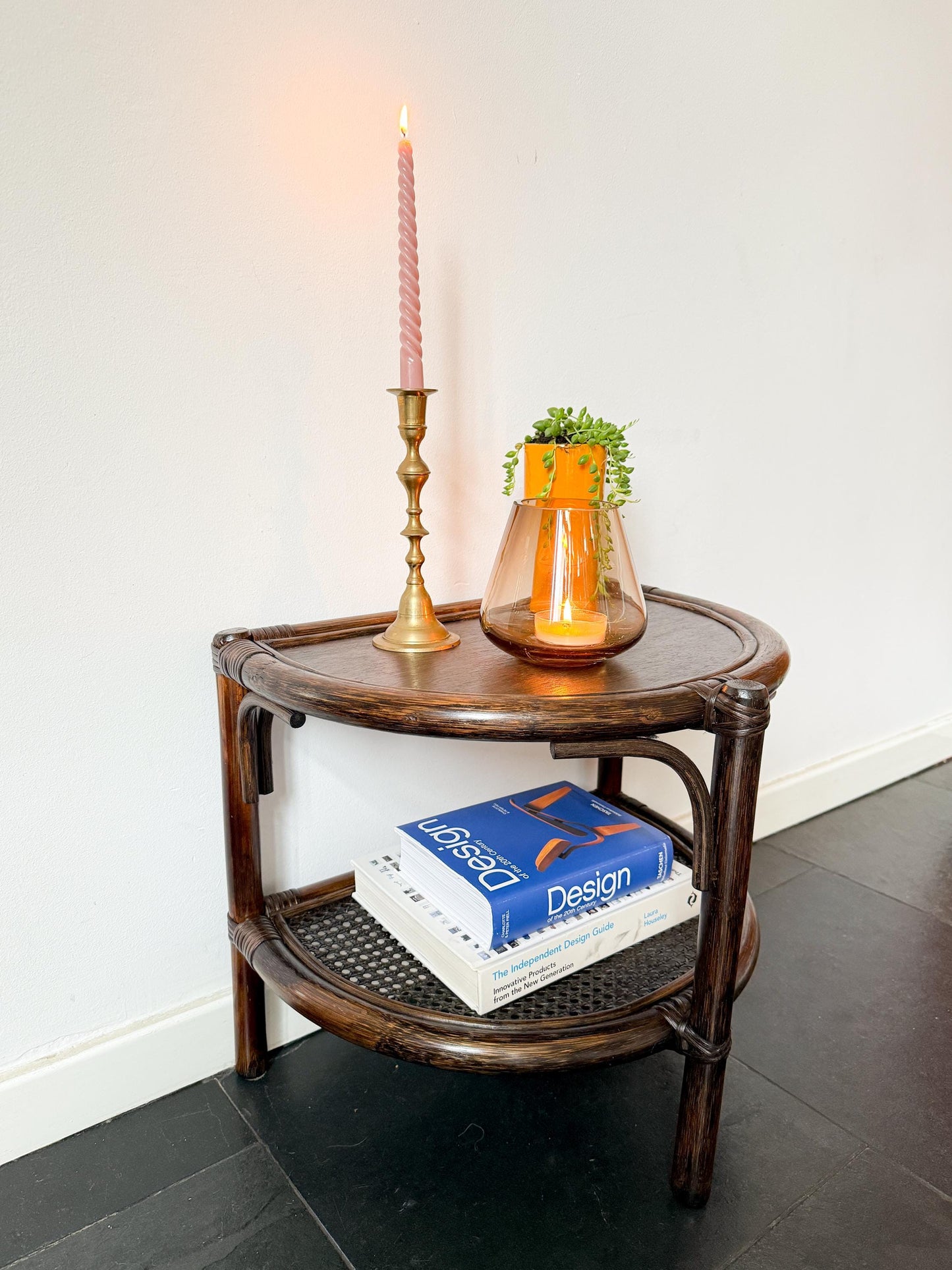 Vintage Rattan & Cane Half-Moon Wall Table | Mid-Century Bohemian