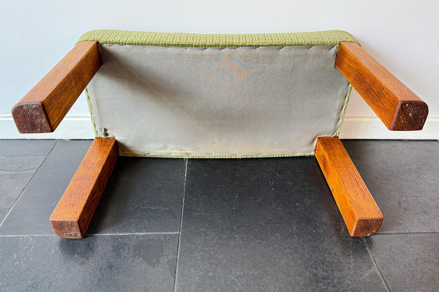 Vintage Wooden Footstool with Green Upholstery | Mid-Century Modern