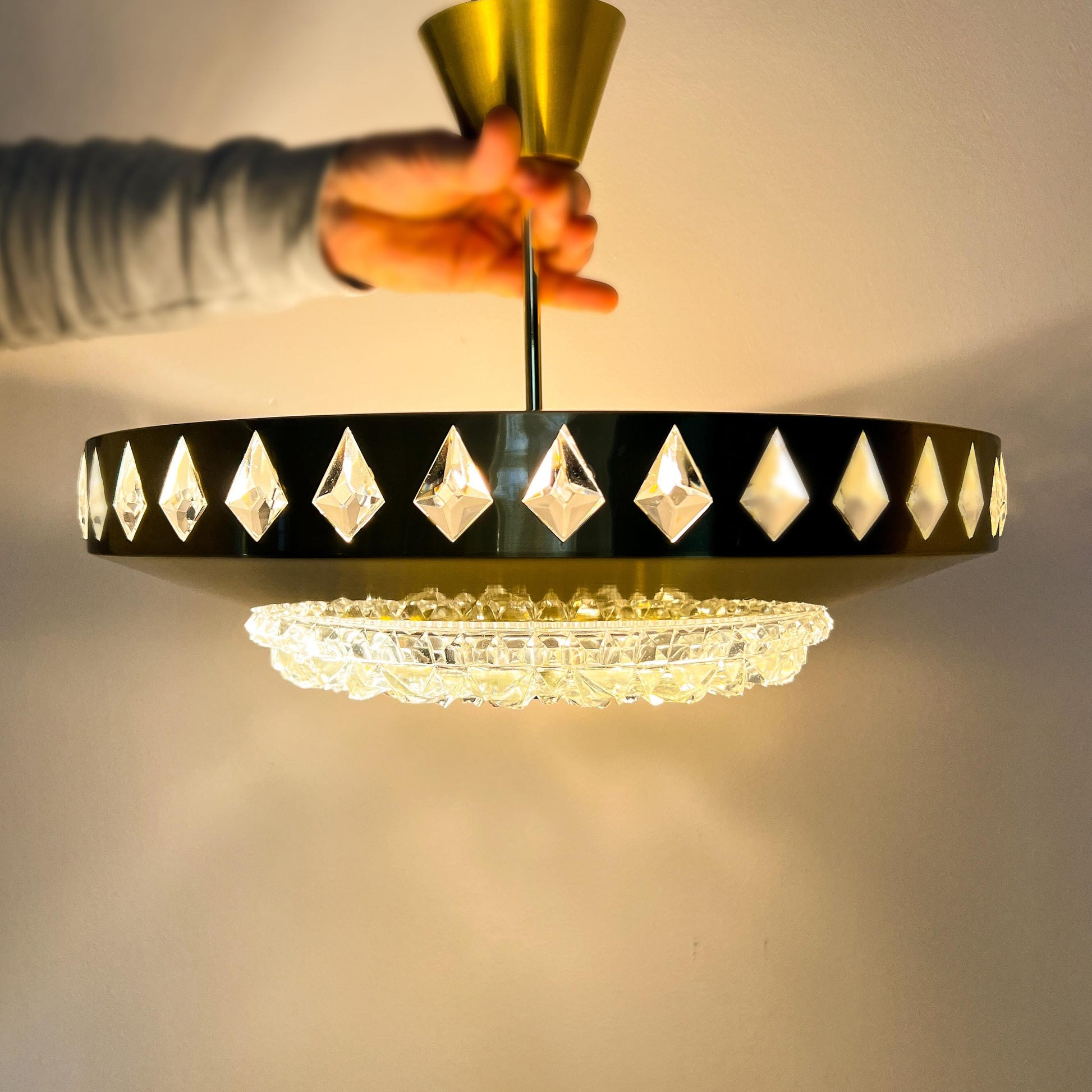 Mid-Century Modern Scandinavian brass and crystal glass pendant lamp attributed to Vitrika with Orrefors glass.