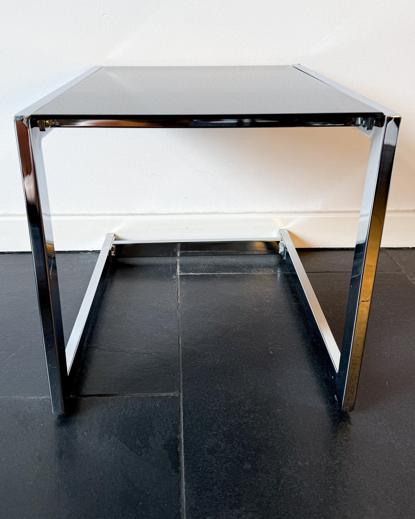 Vintage Chrome Side Table with Black Glass Top | Modernist, 1970s
