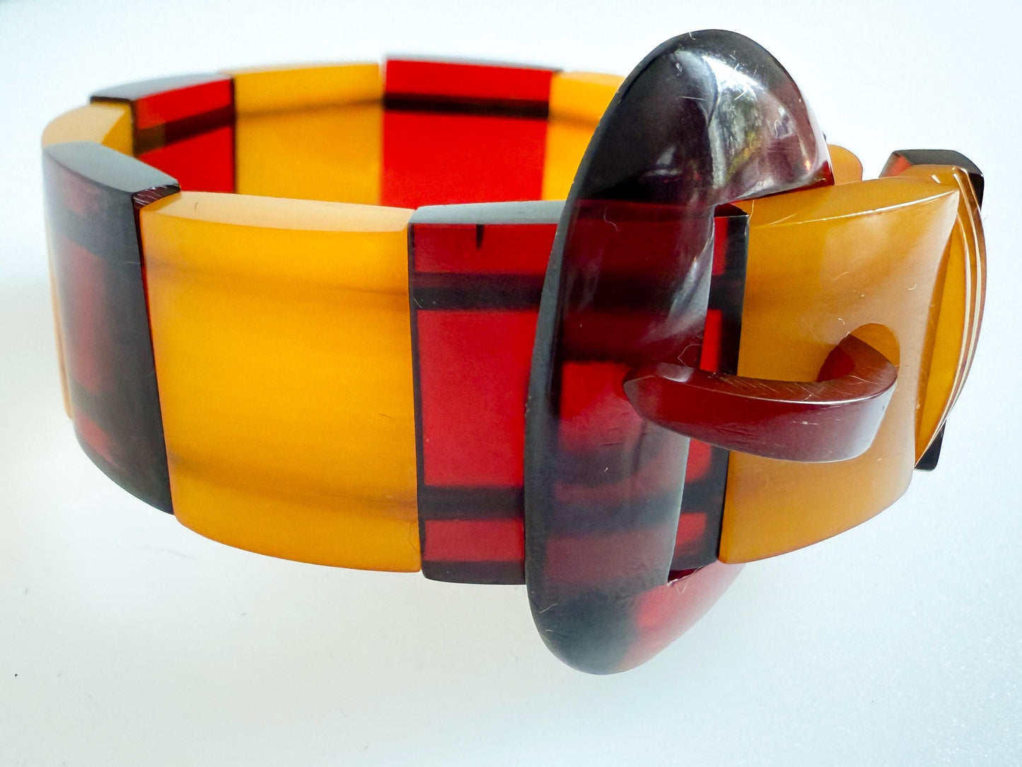 Vintage Bakelite Catalin Bracelet with Cherry Juice & Butterscotch Panels | Art Deco, 1940s
