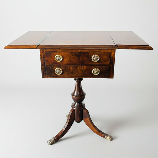 Classic antique Pembroke side table with brass claw legs and drop leaves, wood and brass vintage occasional table.