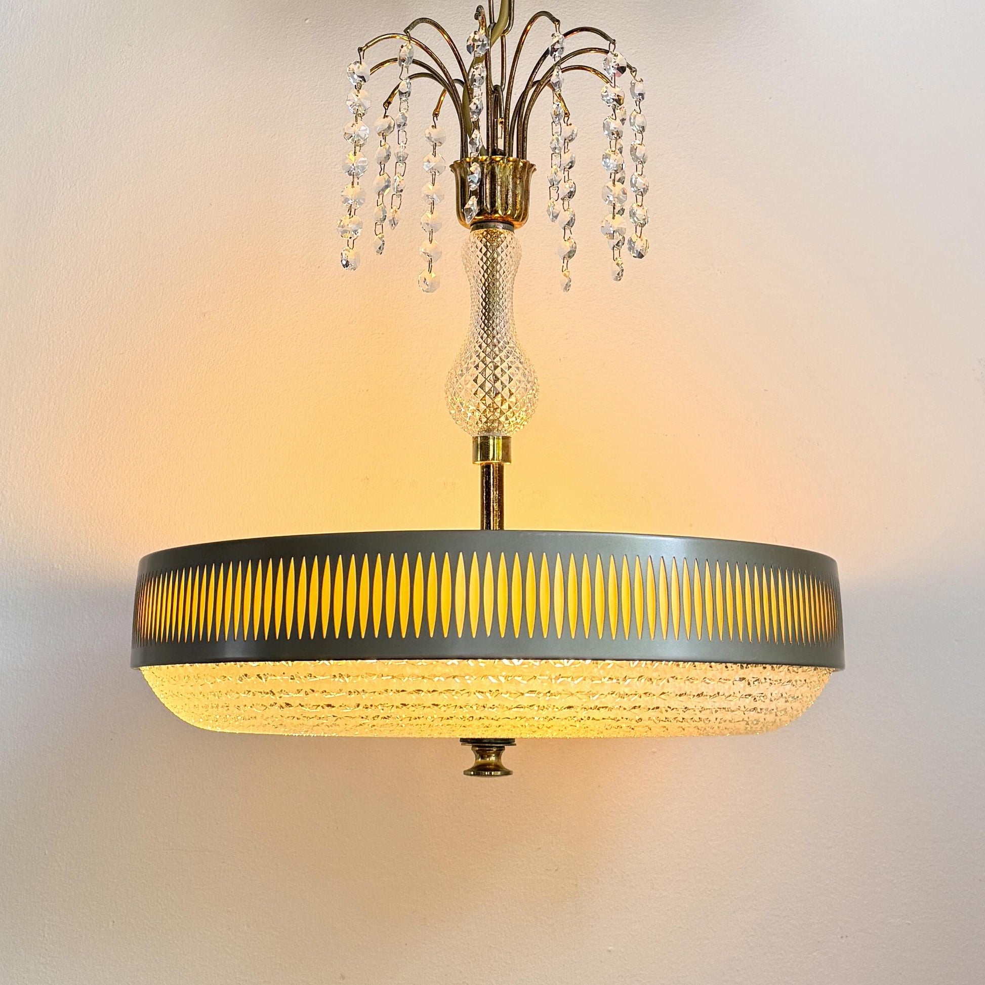 Mid-Century Hollywood Regency brass and glass pendant light, vintage.