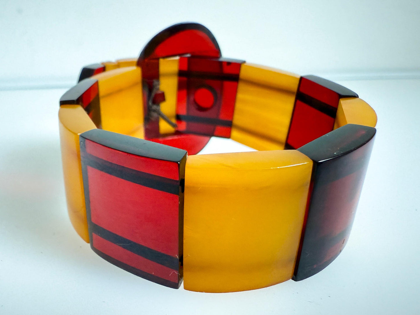 Vintage Bakelite Catalin Bracelet with Cherry Juice & Butterscotch Panels | Art Deco, 1940s