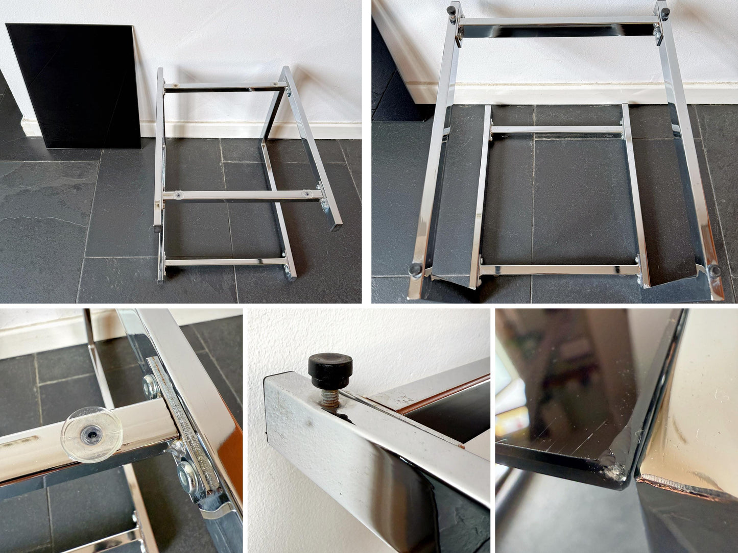 Vintage Chrome Side Table with Black Glass Top | Modernist, 1970s