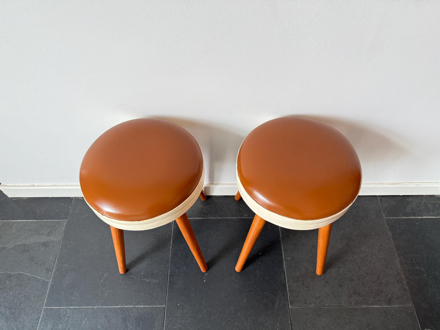 Vintage Mid-Century Wooden Stool with Leather Seat | Mid-Century / Scandinavian Modern, Mid-20th Century