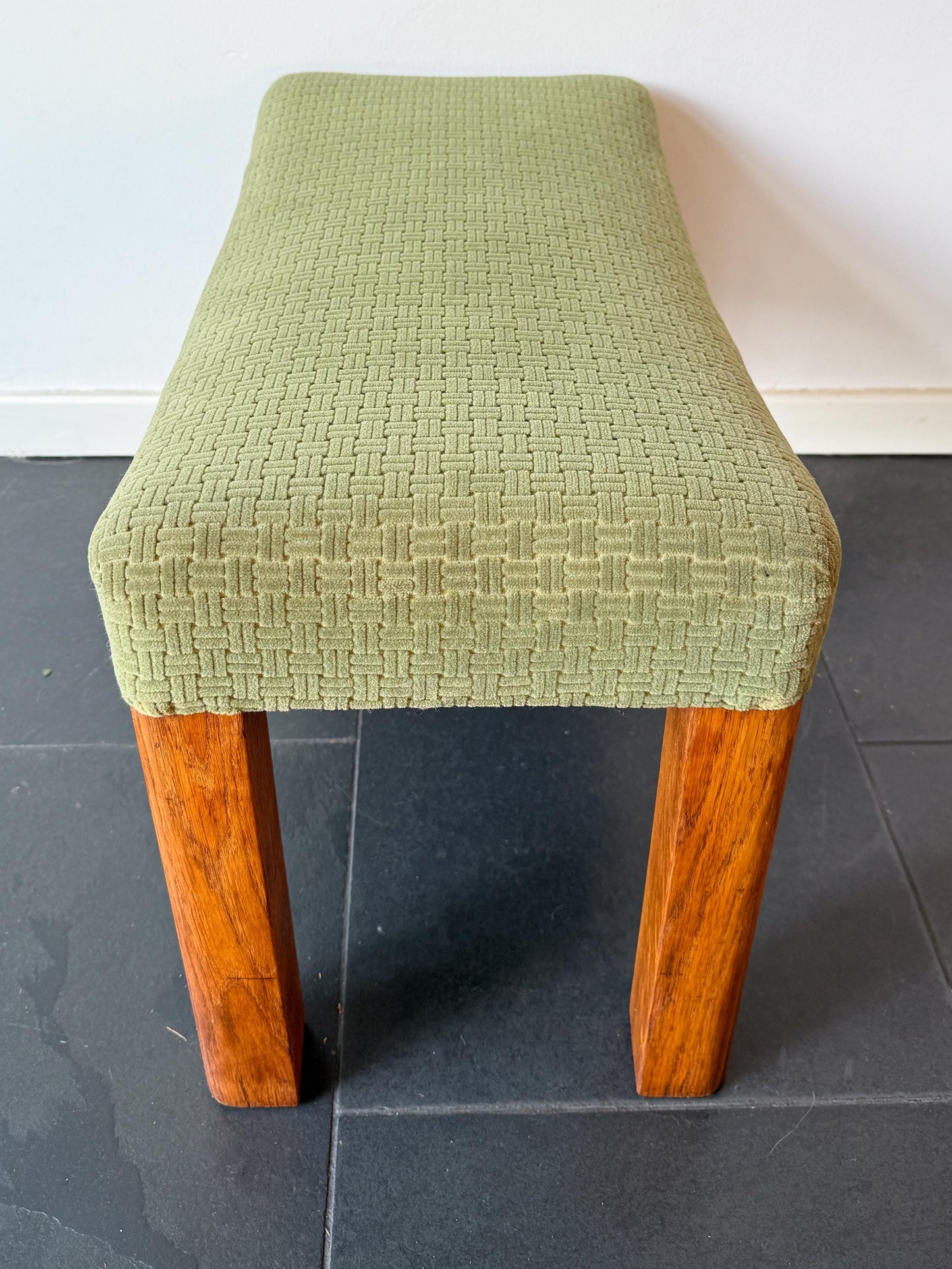 Vintage Wooden Footstool with Green Upholstery | Mid-Century Modern