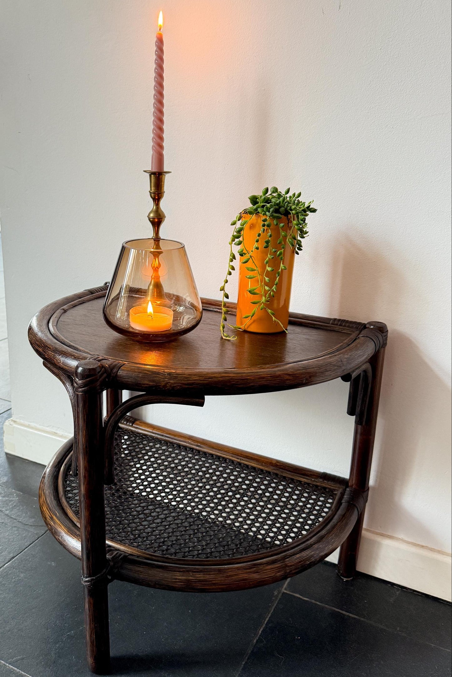 Vintage Rattan & Cane Half-Moon Wall Table | Mid-Century Bohemian