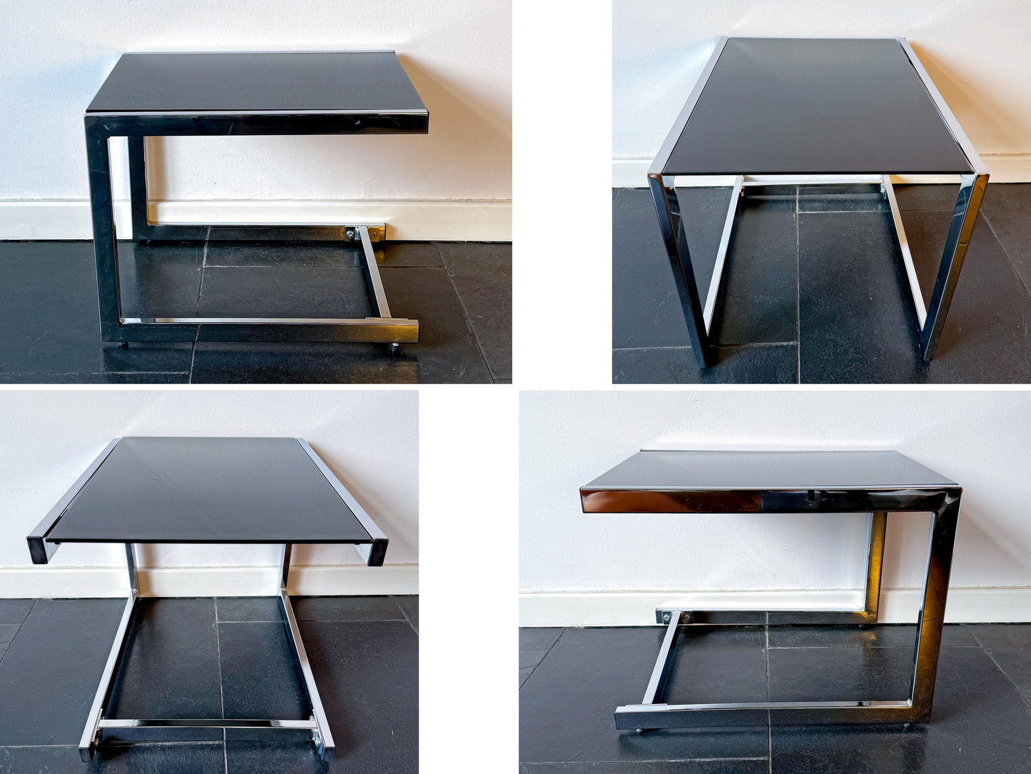 Vintage Chrome Side Table with Black Glass Top | Modernist, 1970s