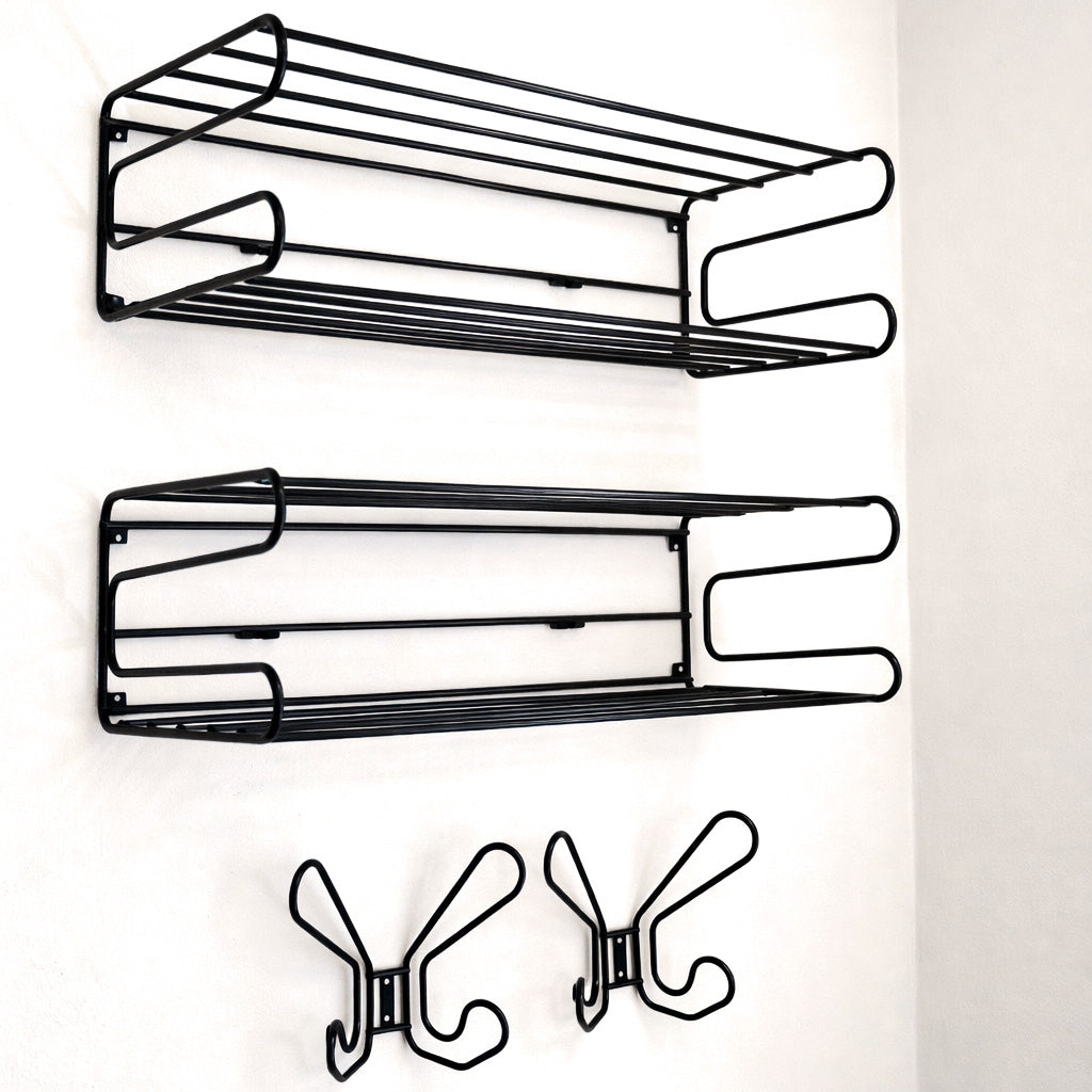 Vintage Scandinavian modern wall-mounted shoe rack, black steel wire, contemporary IKEA design. By Vintagefindsbyrenata