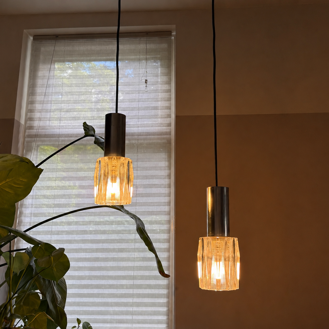 Vintage Pair of Textured Glass Pendant Lights | Mid-Century Modern, 1960/70s